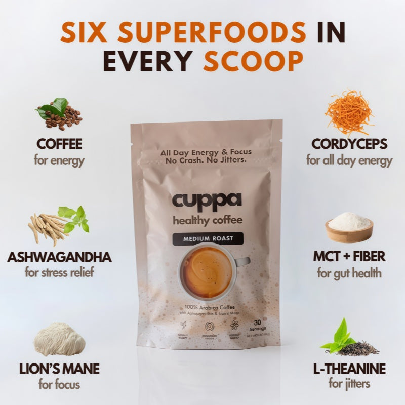 Cuppa Healthy Mushroom insant Coffee with Lion's Mane& Ashwagandha for All Day Energy & Focus - No Crash orJitters -Nootropics for Brain Health, Gut Health,Immunity, Stress, Memory + Mood (30 Servings, MediumRoast)