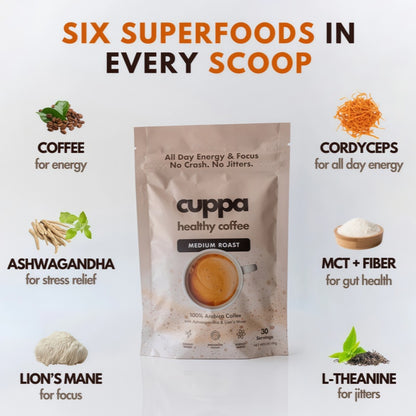 Cuppa Healthy Mushroom insant Coffee with Lion's Mane& Ashwagandha for All Day Energy & Focus - No Crash orJitters -Nootropics for Brain Health, Gut Health,Immunity, Stress, Memory + Mood (30 Servings, MediumRoast)