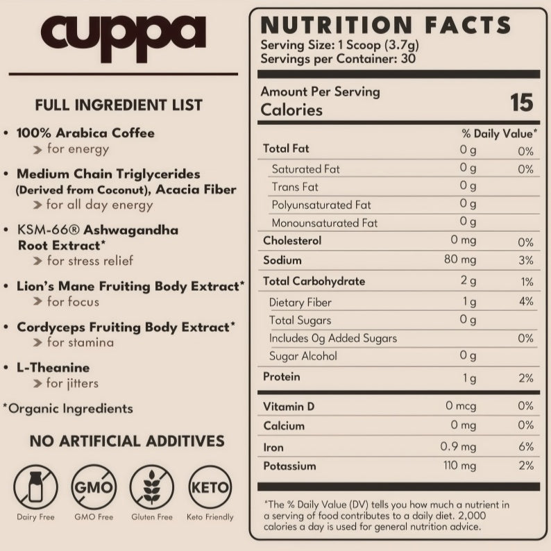 Cuppa Healthy Mushroom insant Coffee with Lion's Mane& Ashwagandha for All Day Energy & Focus - No Crash orJitters -Nootropics for Brain Health, Gut Health,Immunity, Stress, Memory + Mood (30 Servings, MediumRoast)