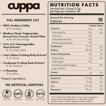 Cuppa Healthy Mushroom insant Coffee with Lion's Mane& Ashwagandha for All Day Energy & Focus - No Crash orJitters -Nootropics for Brain Health, Gut Health,Immunity, Stress, Memory + Mood (30 Servings, MediumRoast)