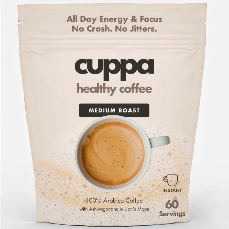 Cuppa Healthy Mushroom insant Coffee with Lion's Mane& Ashwagandha for All Day Energy & Focus - No Crash orJitters -Nootropics for Brain Health, Gut Health,Immunity, Stress, Memory + Mood (30 Servings, MediumRoast)