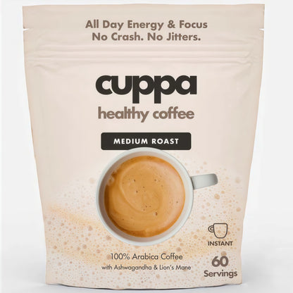 Cuppa Healthy Mushroom insant Coffee with Lion's Mane& Ashwagandha for All Day Energy & Focus - No Crash orJitters -Nootropics for Brain Health, Gut Health,Immunity, Stress, Memory + Mood (30 Servings, MediumRoast)